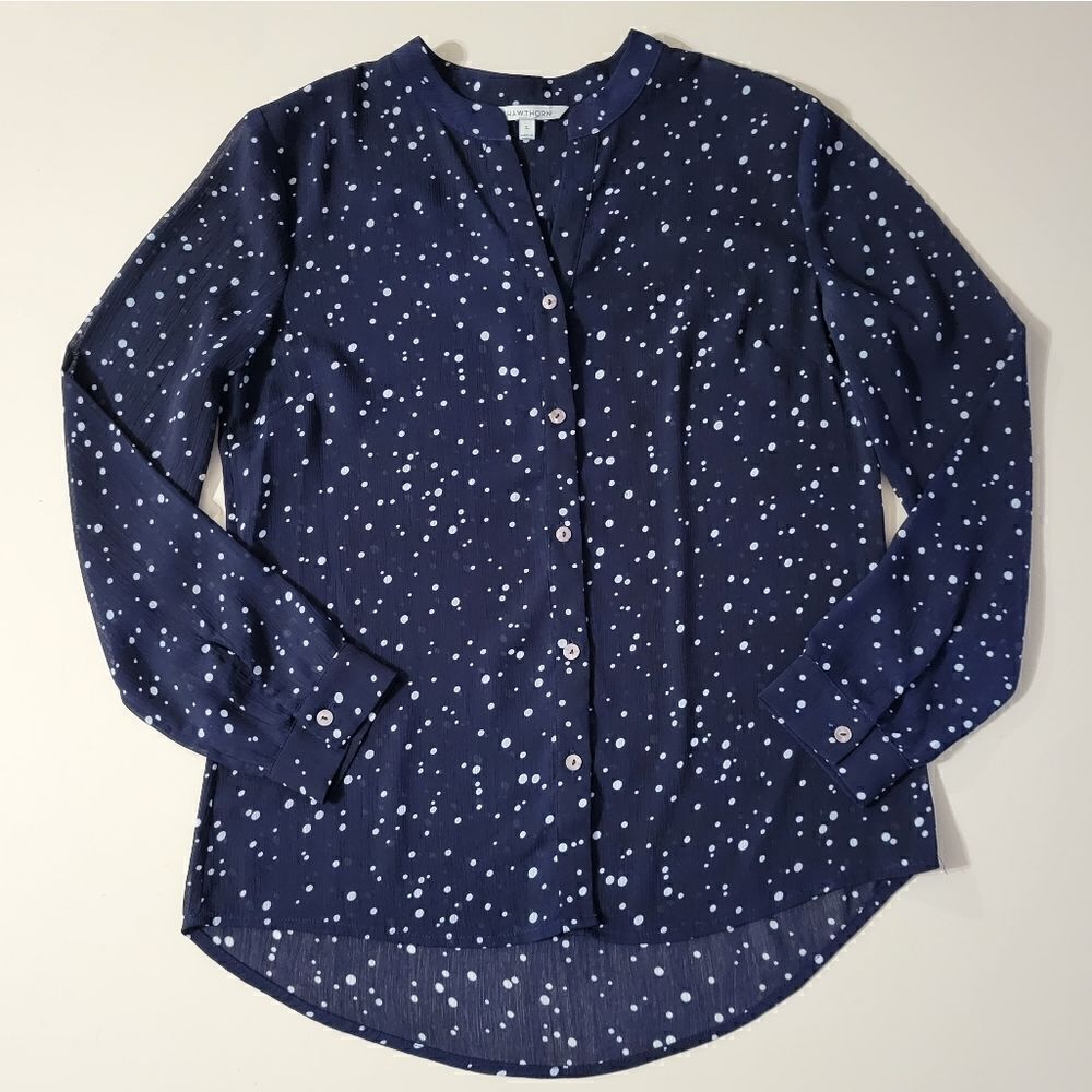 41 Hawthorn Women's Navy Dotted Long Sleeve V-Neck Button-Down Blouse